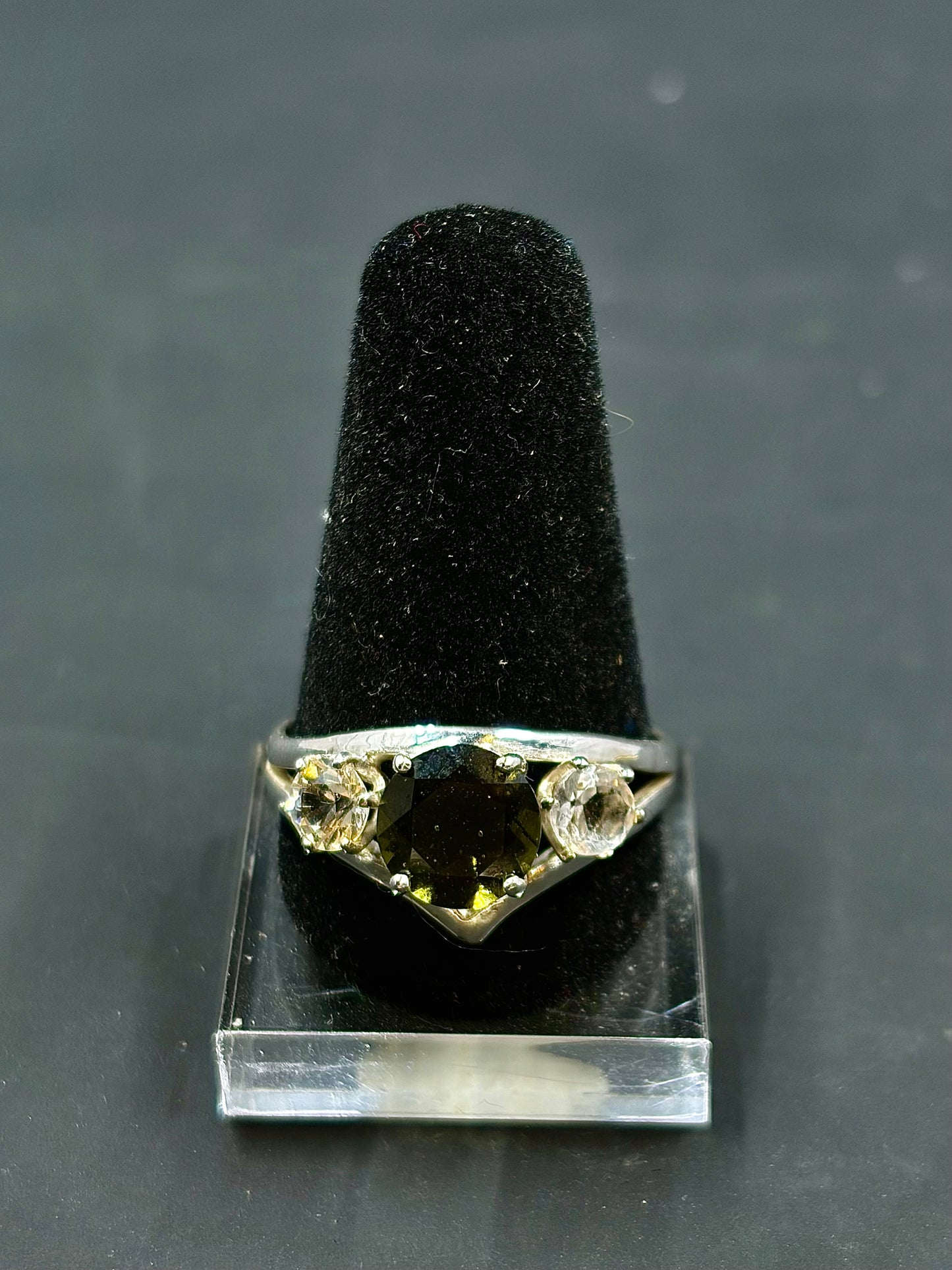 Moldavite And White Sapphire Statement Ring Size 10 us