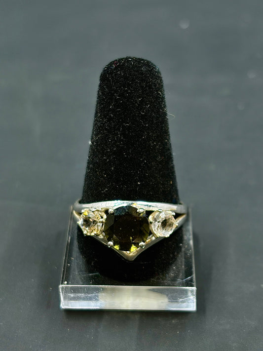 Moldavite And White Sapphire Statement Ring Size 10 us