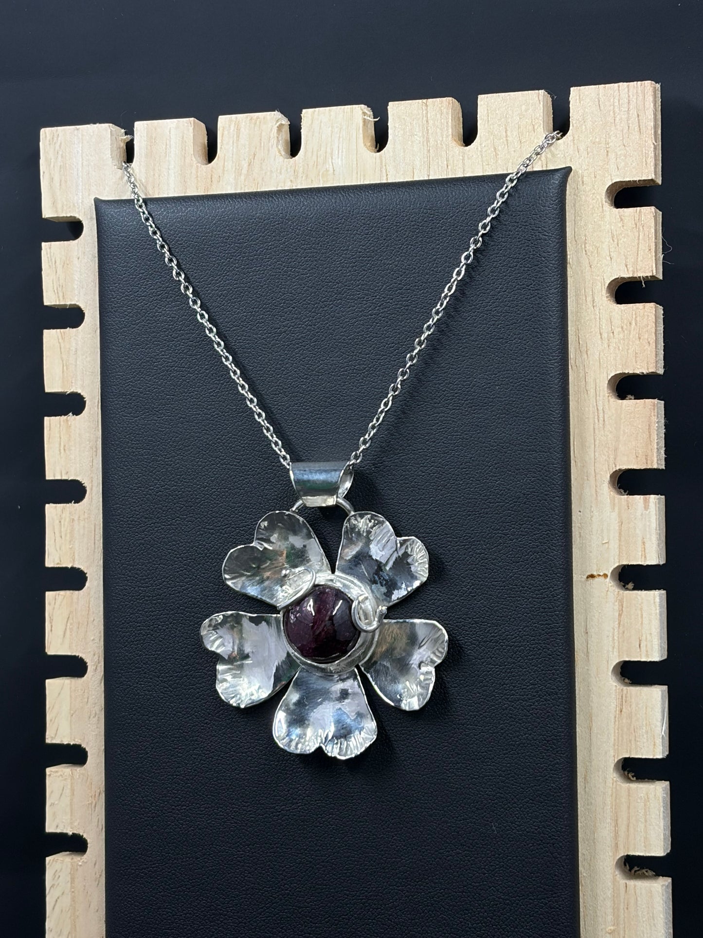Pink Tourmaline Cabochon Flower Necklace Pendant