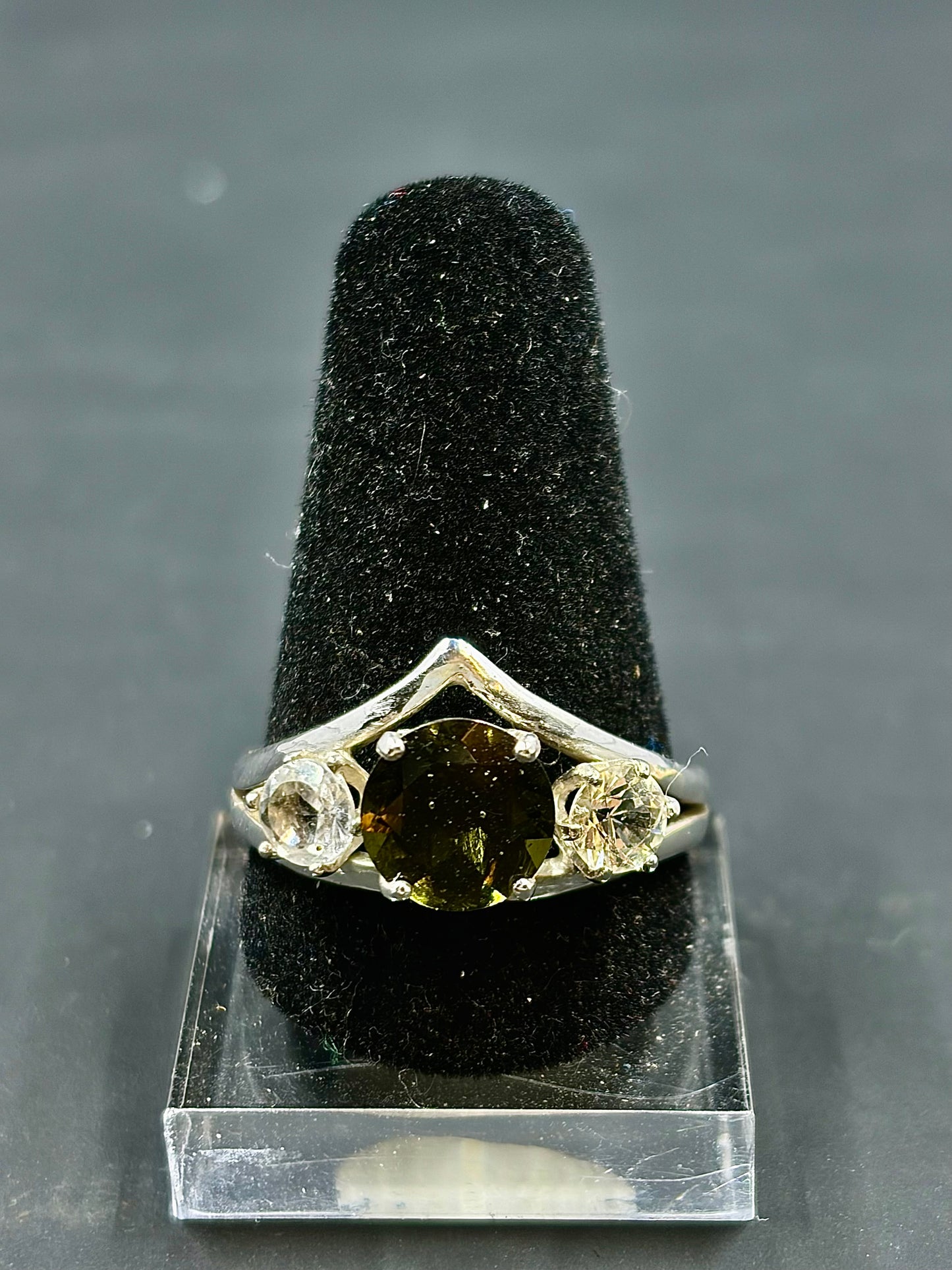 Moldavite And White Sapphire Statement Ring Size 10 us