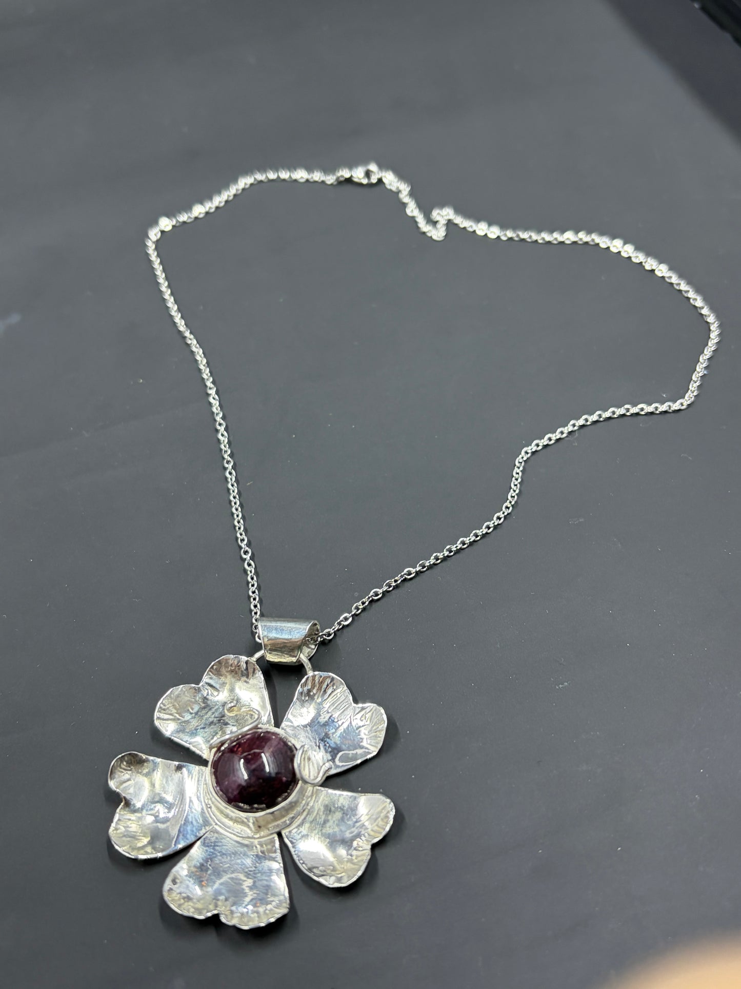 Pink Tourmaline Cabochon Flower Necklace Pendant