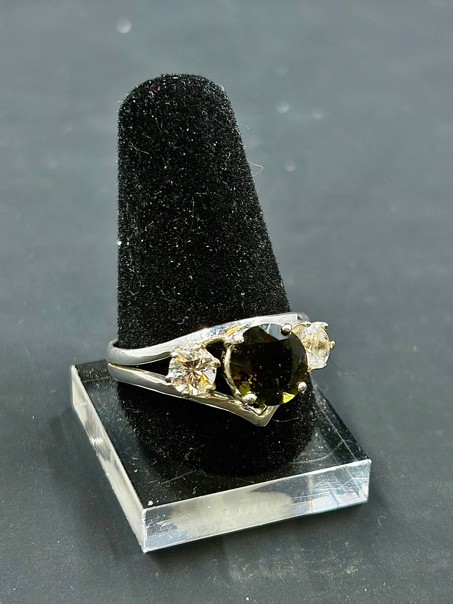 Moldavite And White Sapphire Statement Ring Size 10 us