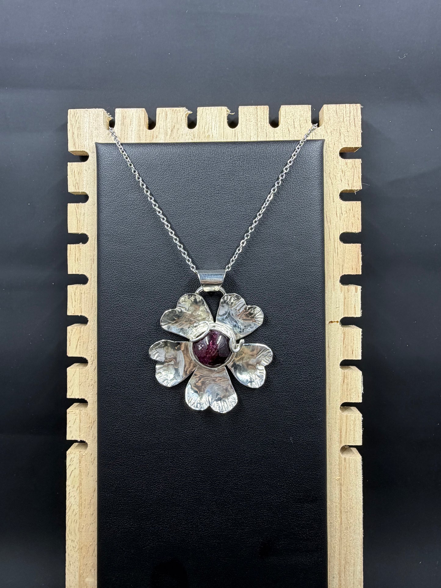 Pink Tourmaline Cabochon Flower Necklace Pendant