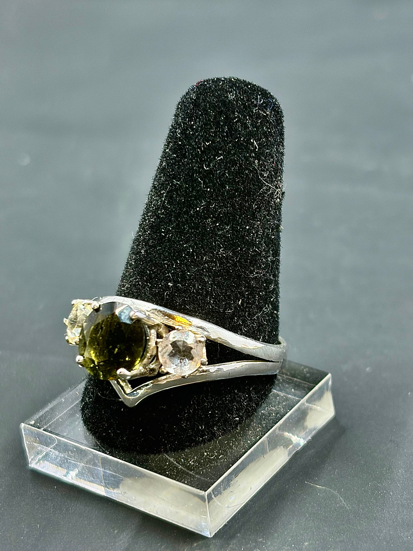 Moldavite And White Sapphire Statement Ring Size 10 us