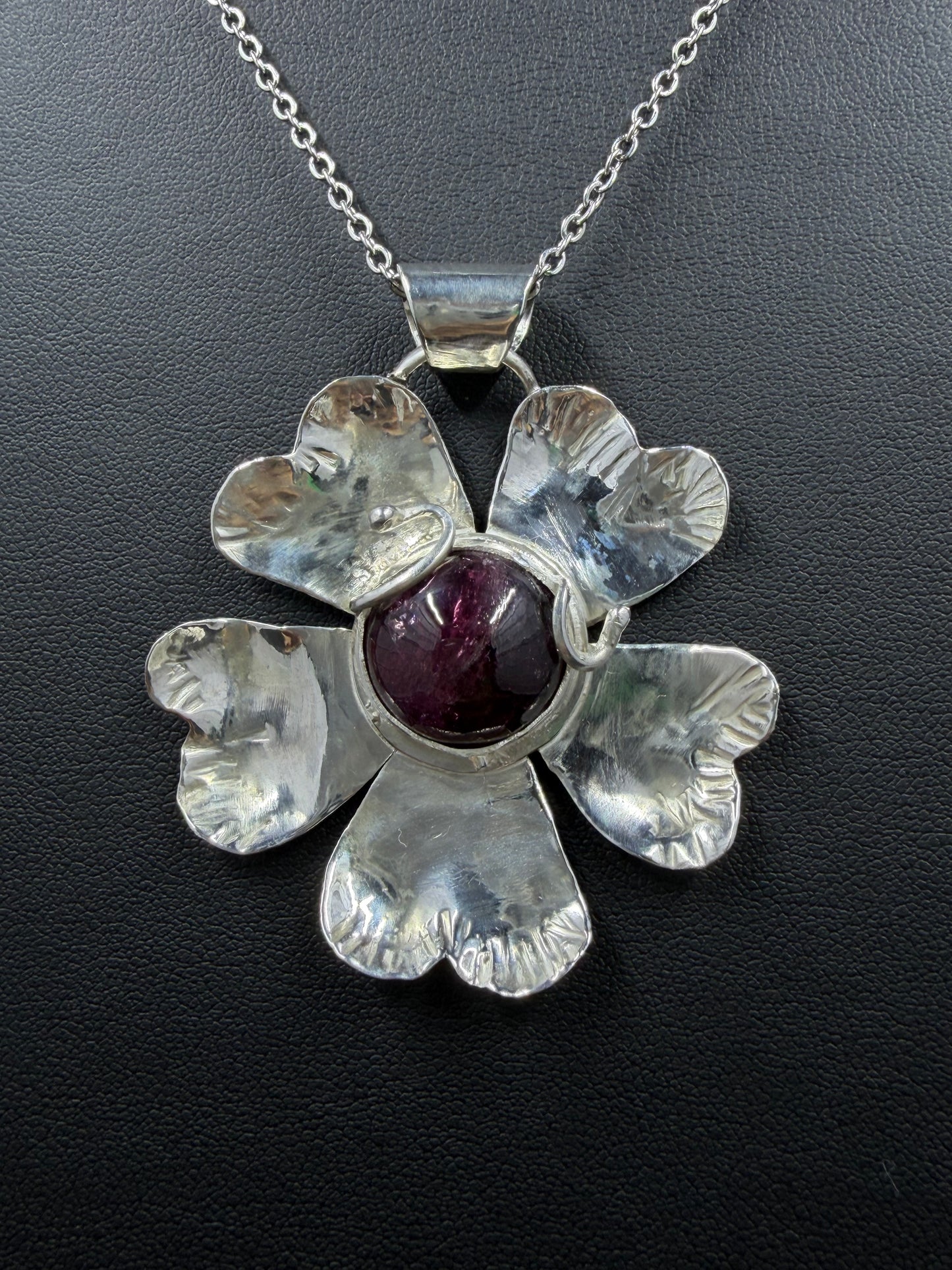 Pink Tourmaline Cabochon Flower Necklace Pendant