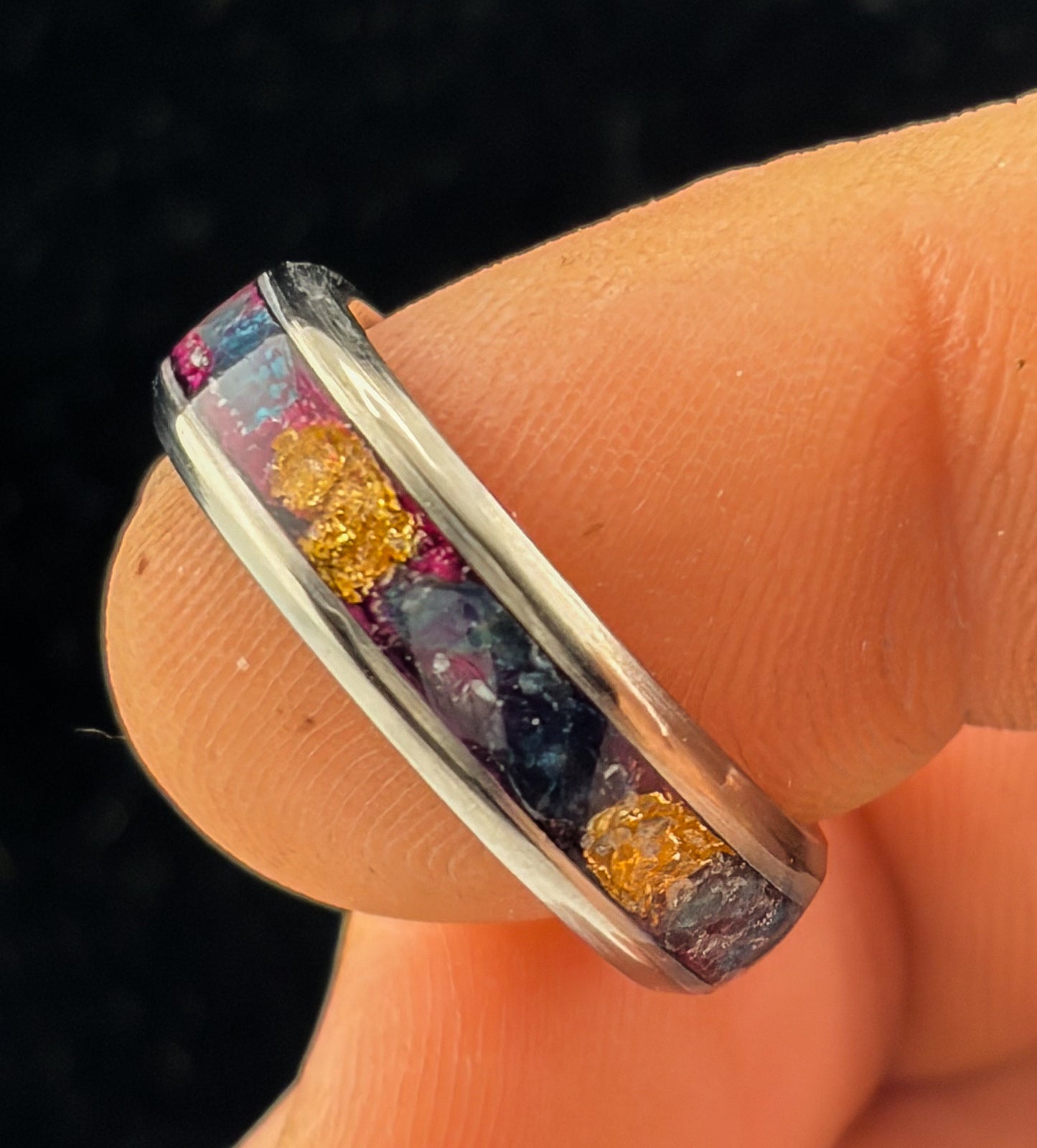 Blue Apatite And Gold Leaf Inlay Ring Size- 8us